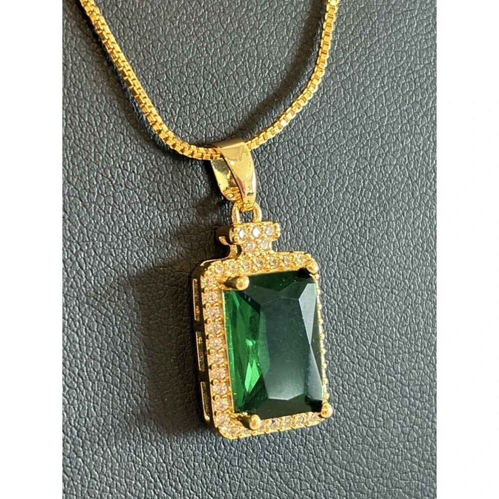 3.0Ct Emerald Cut Lab-Created Emerald Halo Pendant 14K Yellow Gold Silver Plated